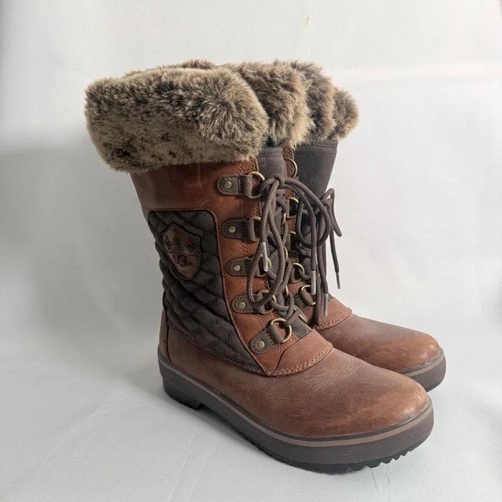 UGG Adirondack Tall Brown Leather Quilted Faux Fur Winter‎ Snow Boots Womens